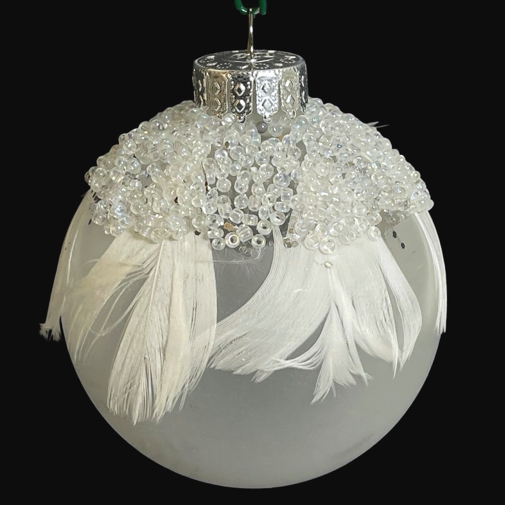 Crate & Barrel Christmas Ornaments White Frosted Glass Beaded Feather Set of 2